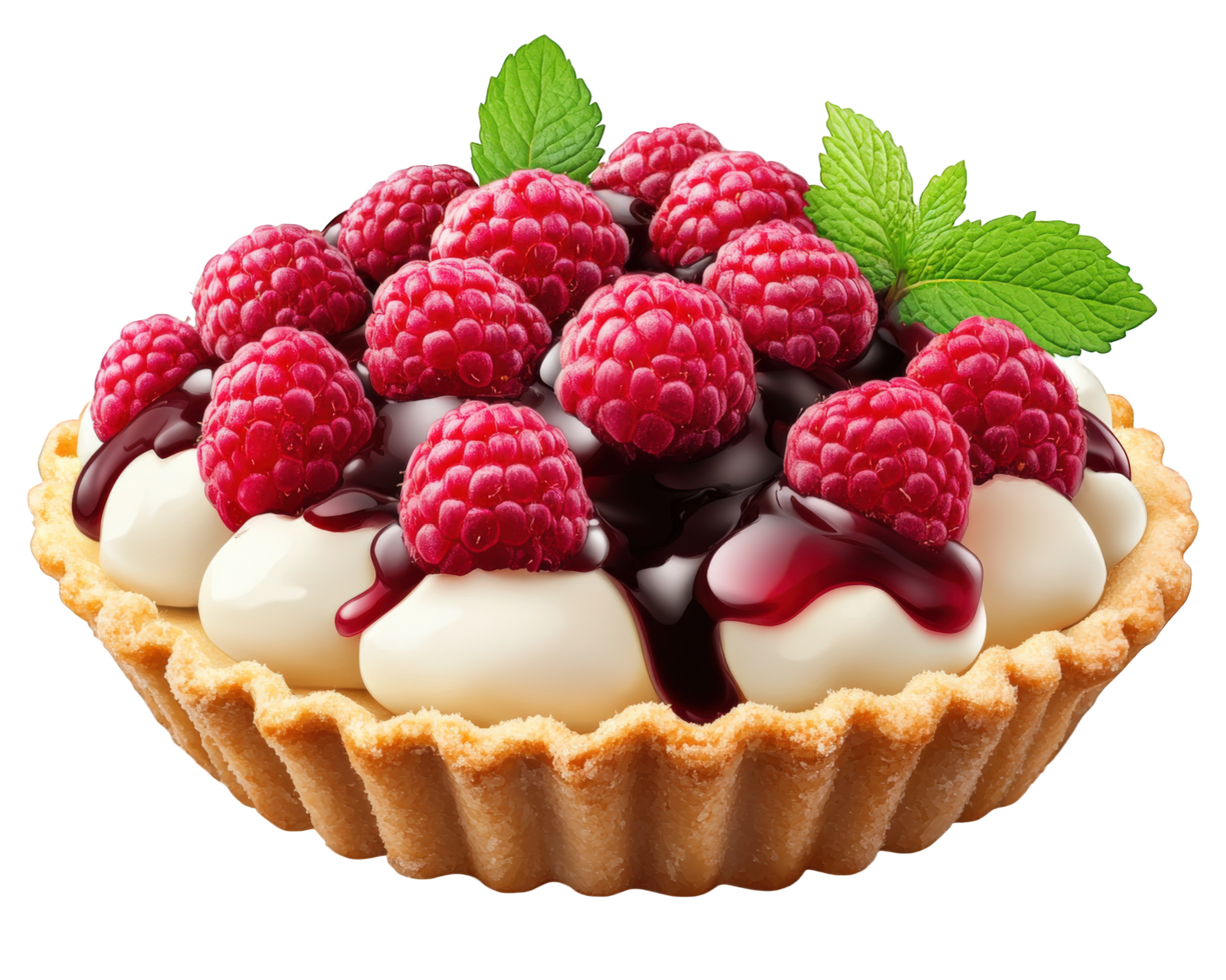 A raspberry tart with cream and berries png