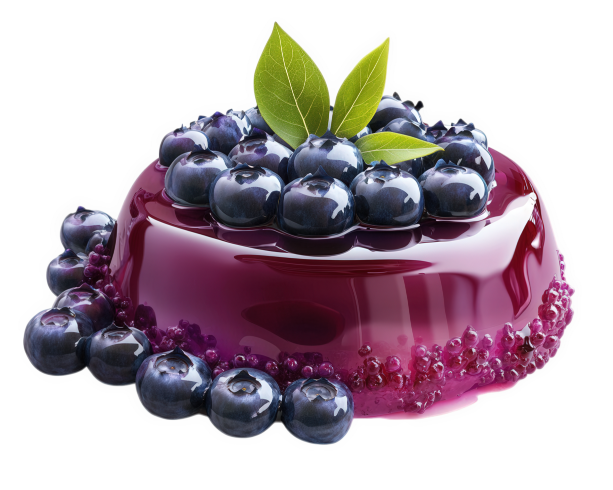 A blueberry jello cake with a green leaf on top png