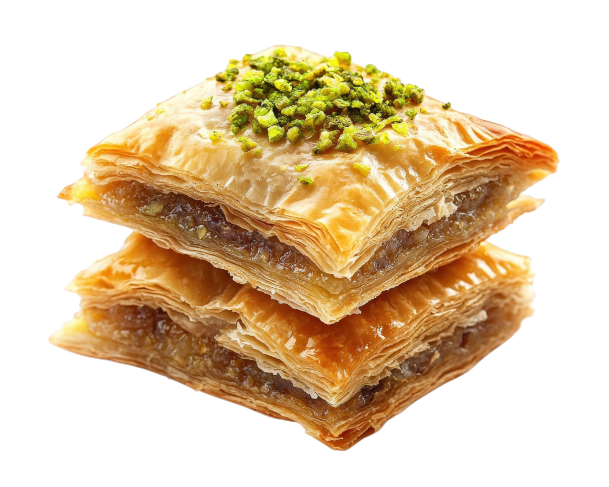 A stack of baklava with pistachios on top png