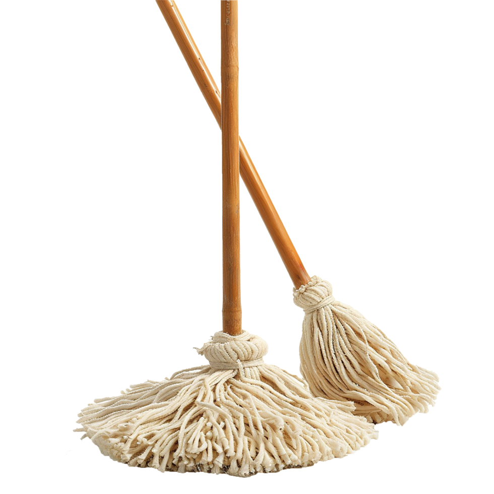 Two Traditional String Mops with Wooden Handles for Efficient Cleaning png