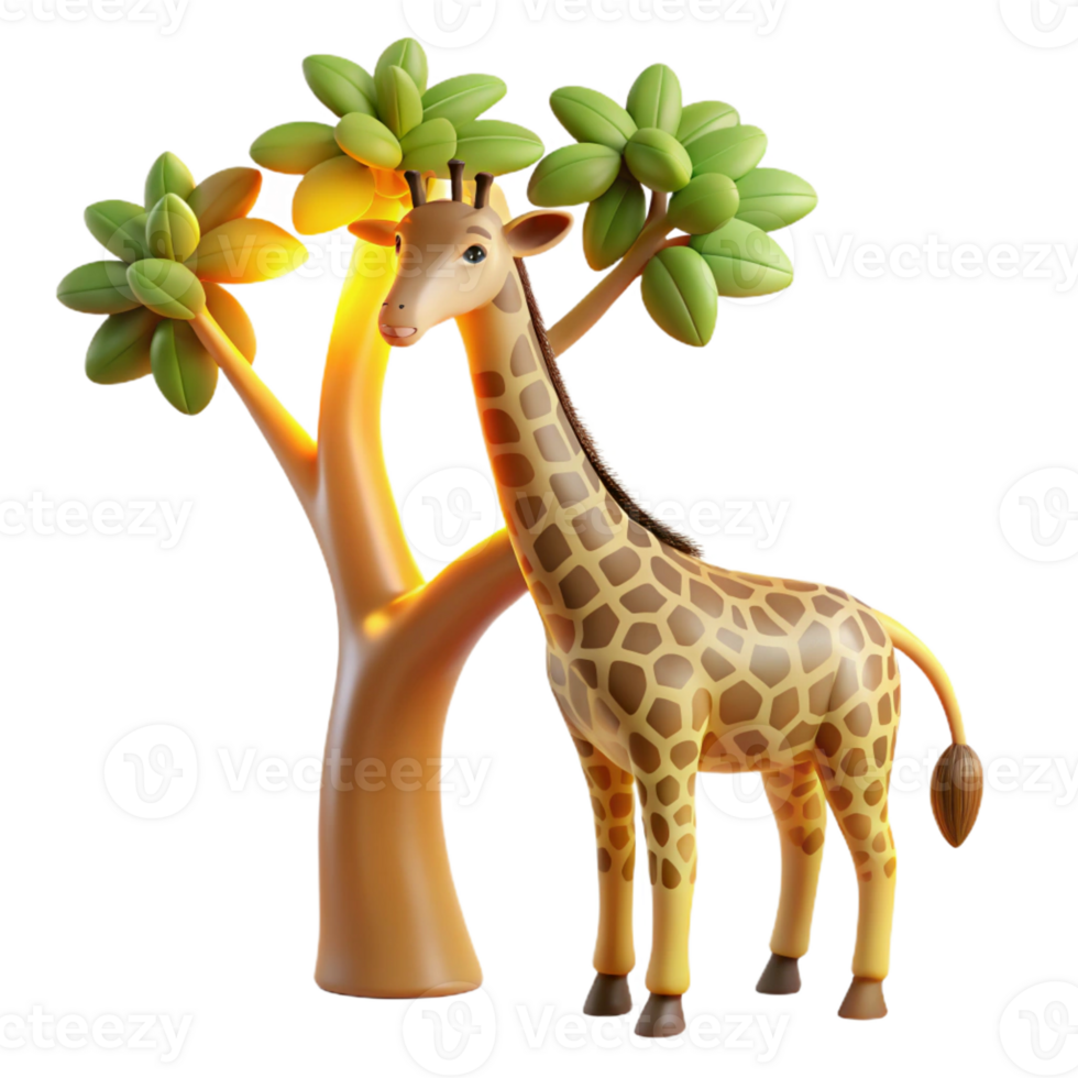 elegant classic A gentle giraffe reaching for leaves on a tall tree, illuminated by the warm, golden light of a late afternoon sun, in a graceful, realistic style exclusive png