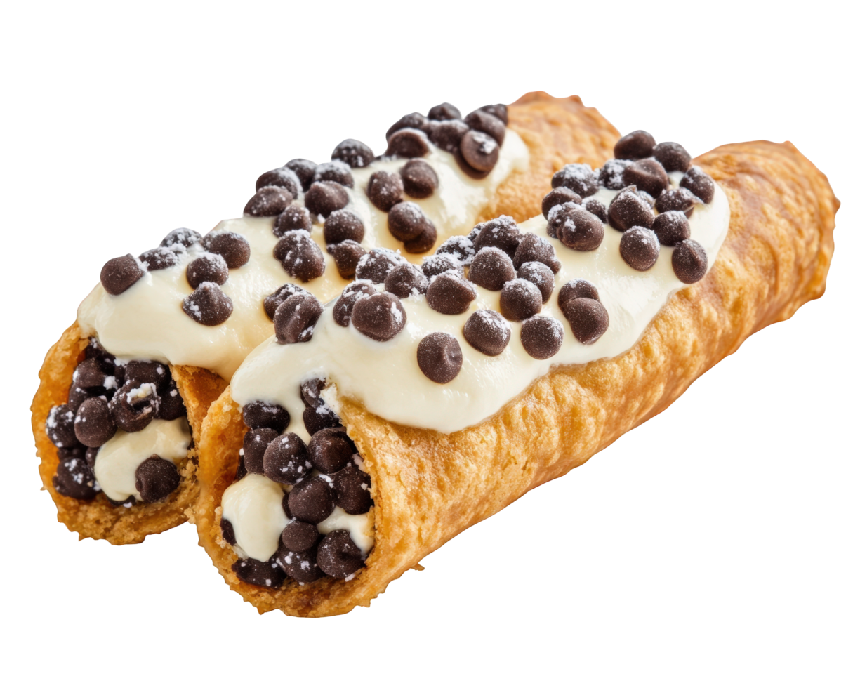Two chocolate chip covered rolls with cream on top png