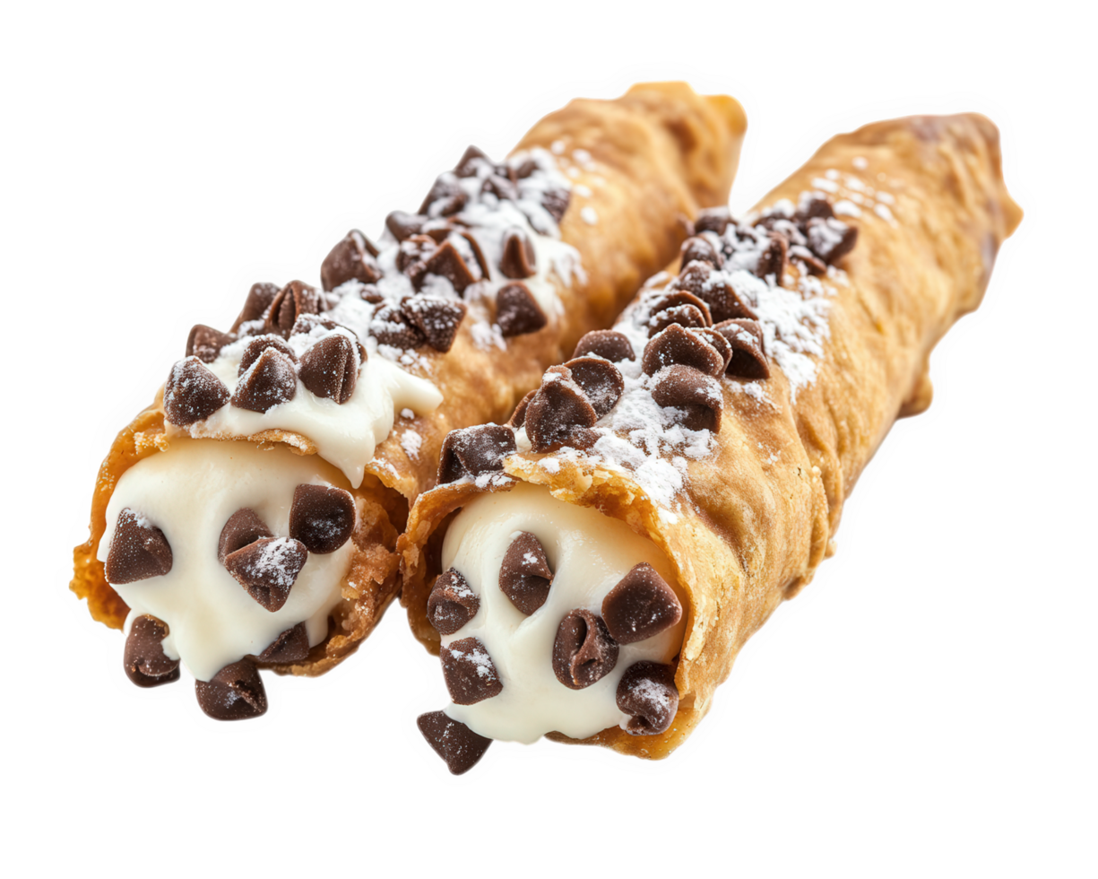 Two chocolate chip covered crepes with powdered sugar png