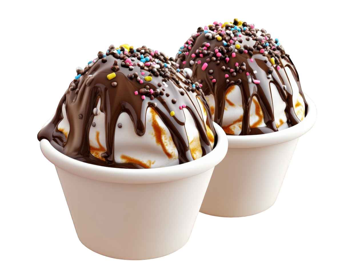 Two cups of ice cream with chocolate and sprinkles png