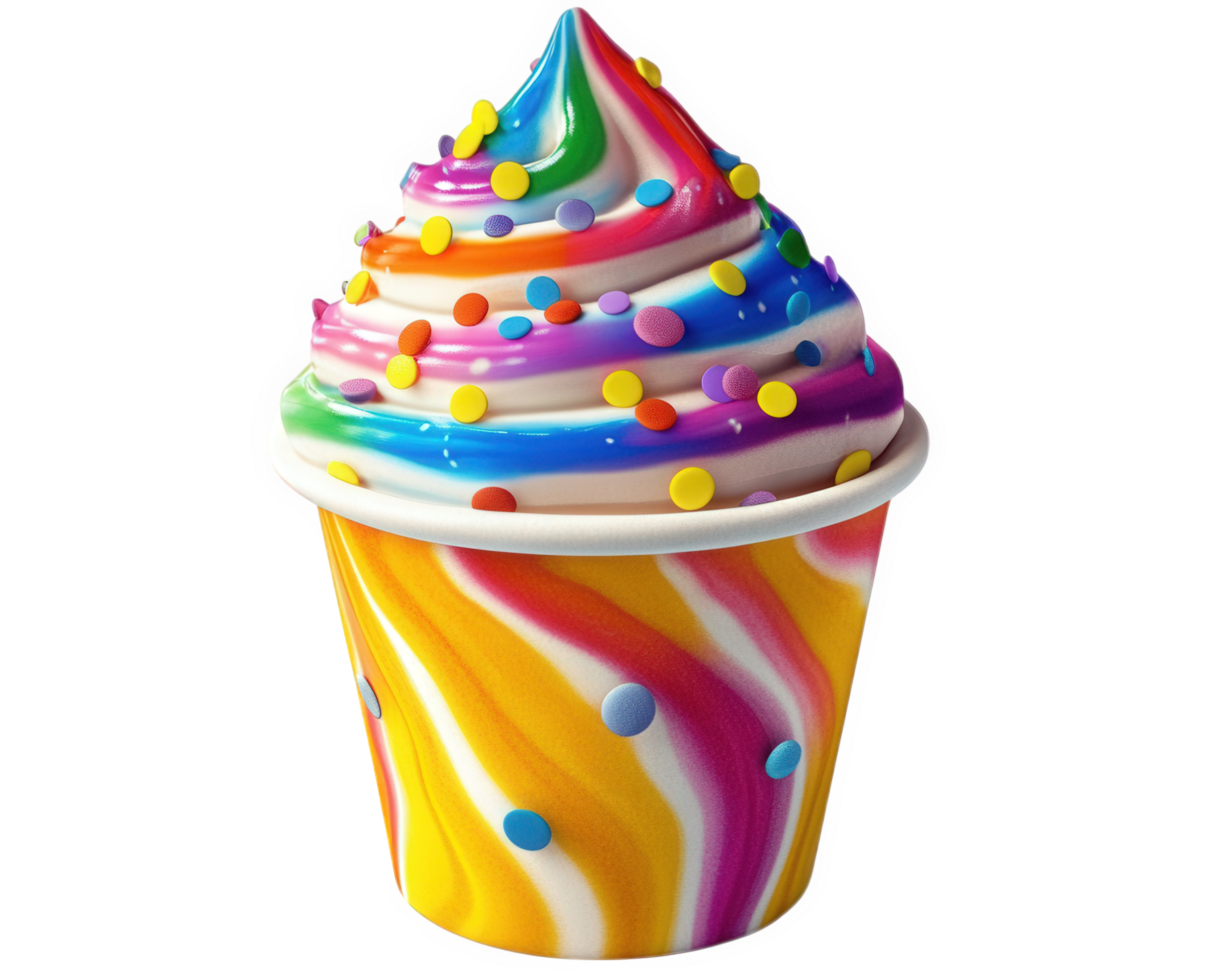 An ice cream cup with a rainbow swirl on top png