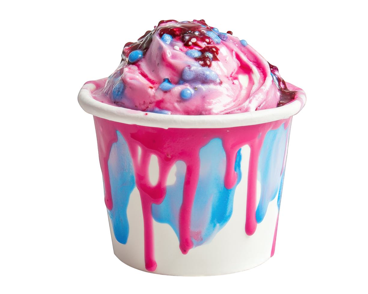 A cup of ice cream with pink and blue drips png