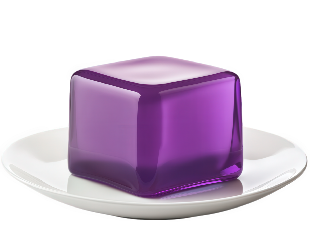 A purple jelly cube sitting on a plate png