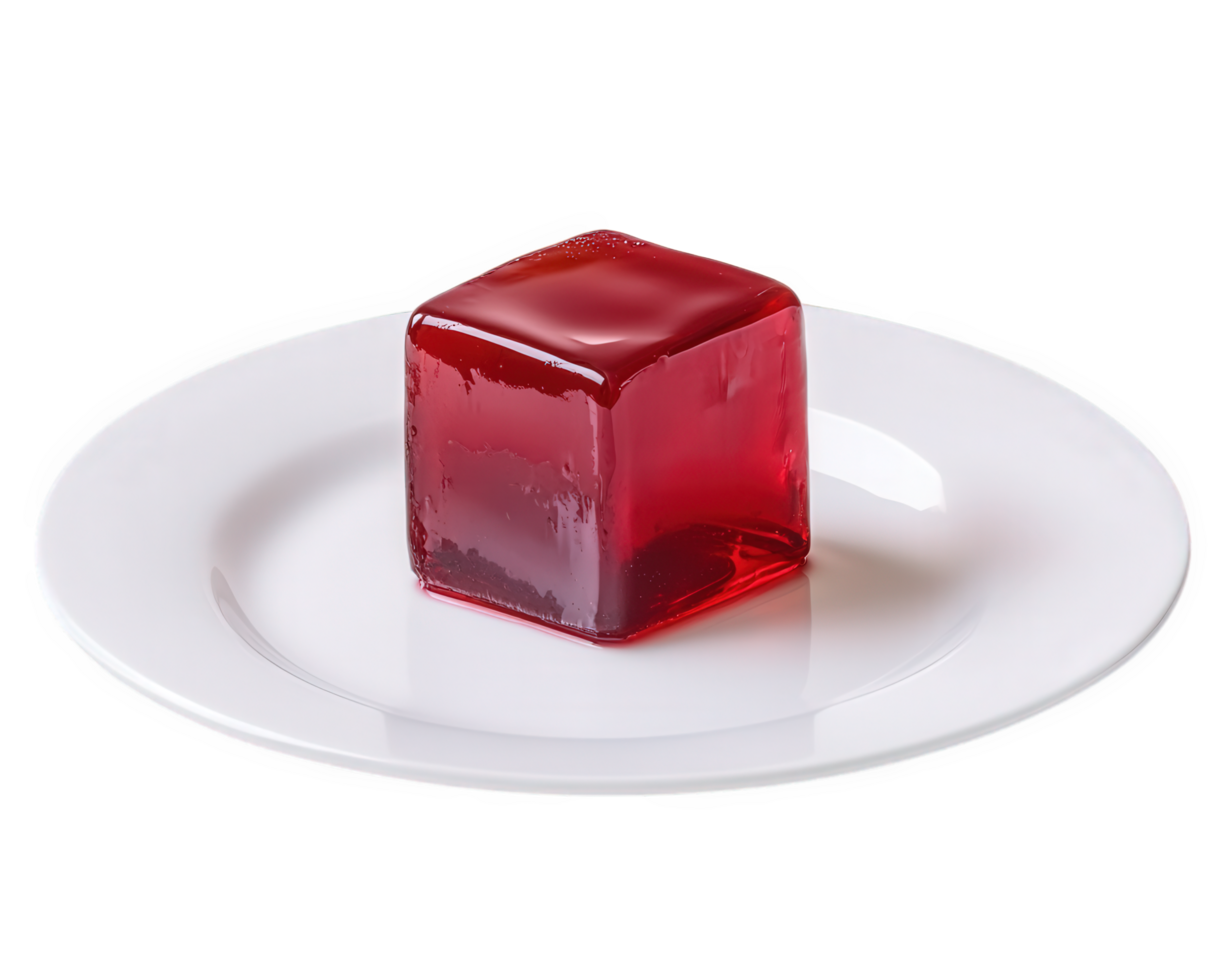 A red jelly cube on a white plate png