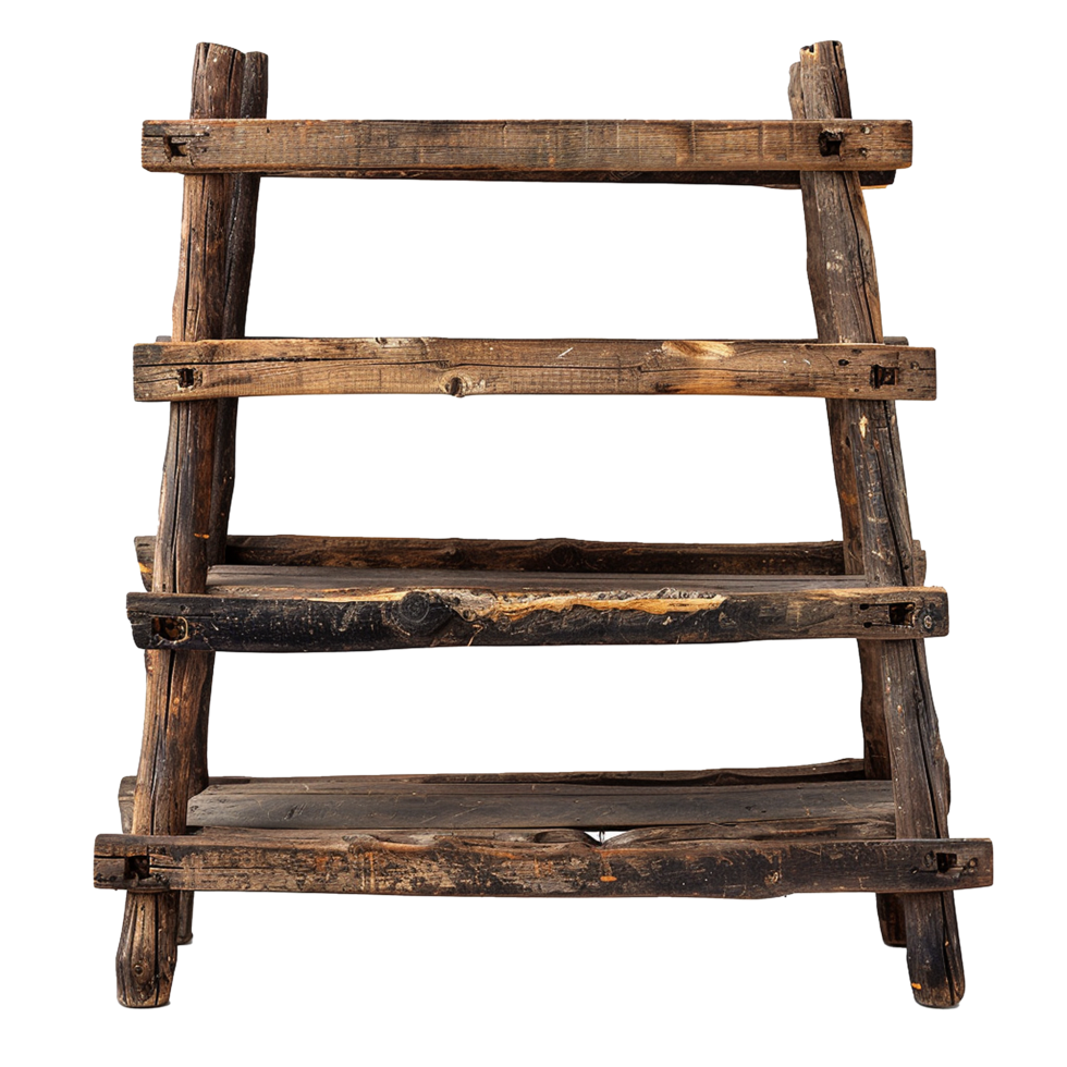 Rustic Wooden ThreeTiered Shelf Display Stand with Weathered Appearance png