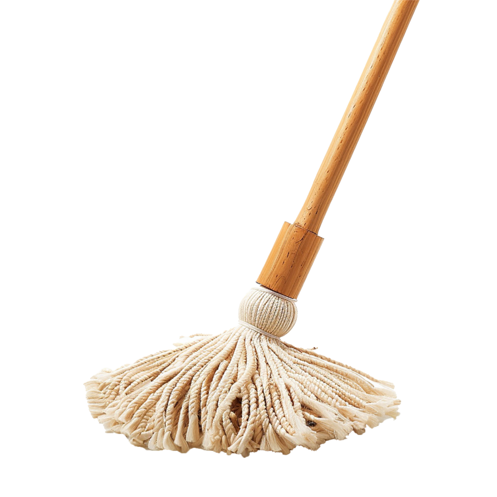 A Traditional String Mop with a Light Beige Cotton Head and a Light Brown Wooden Handle png