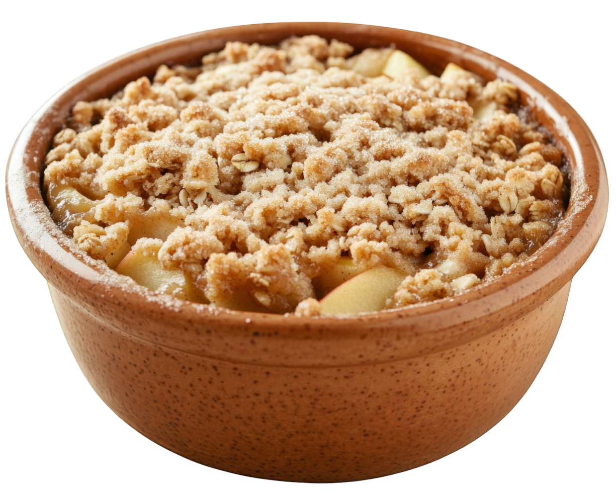 Apple crumble in a brown bowl png