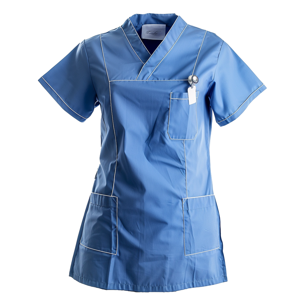 Stylish Blue Medical Scrub Top with White Piping and Practical Pockets png