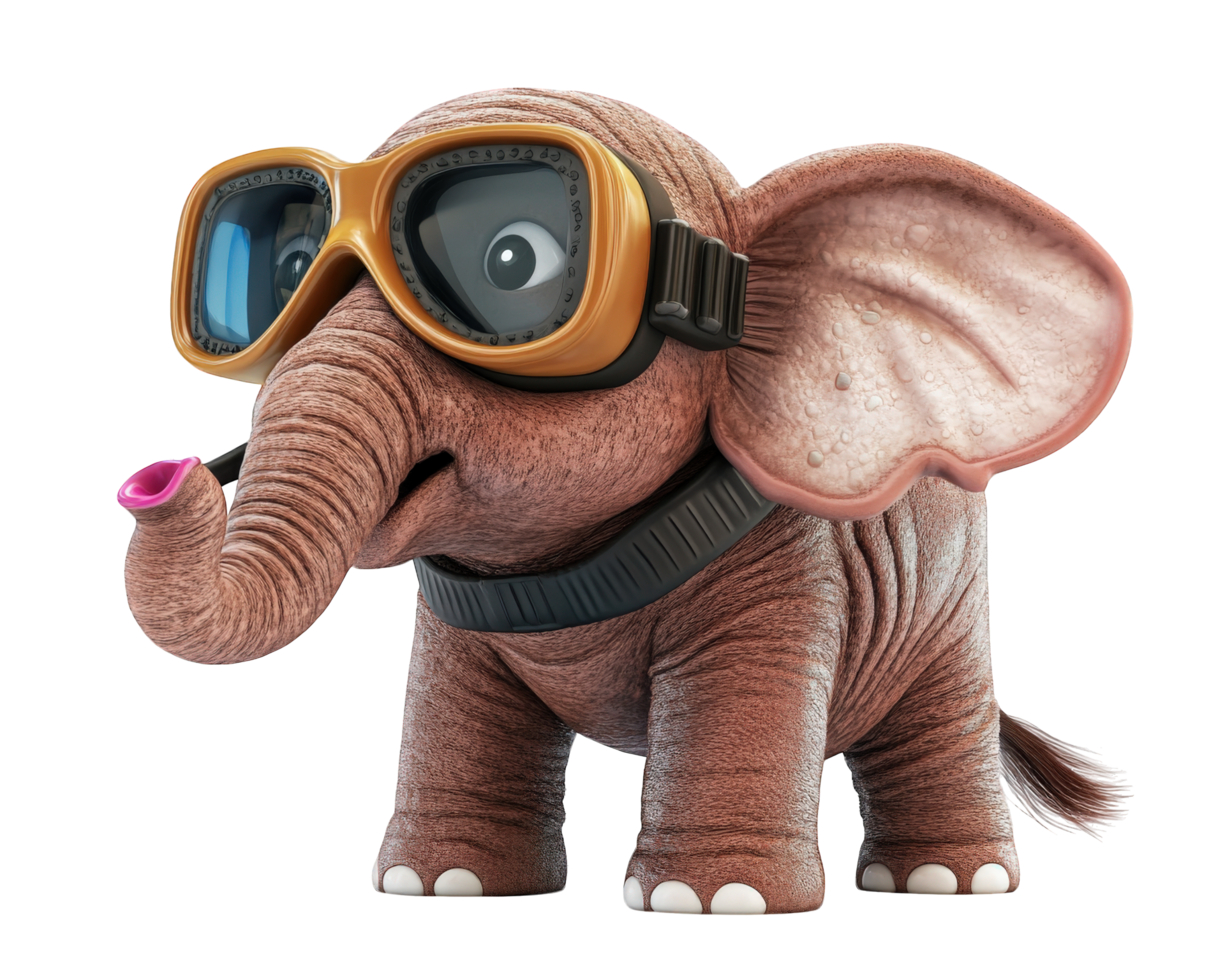 An elephant wearing goggles and a pink nose png