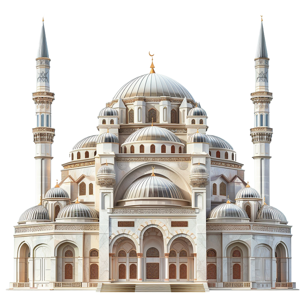 Architectural Design of a Grand Mosque with Multiple Domes and Minarets png