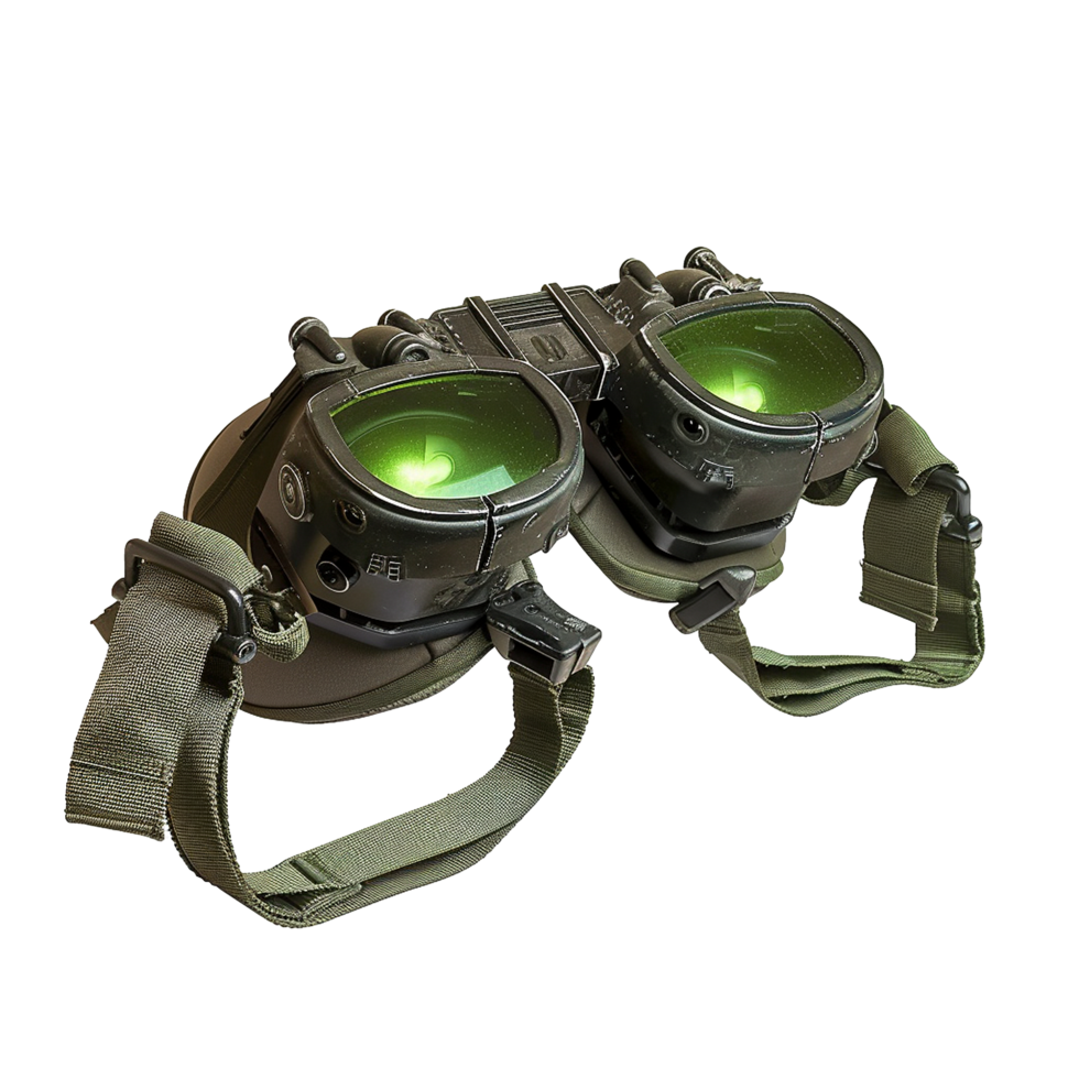 Futuristic Military Goggles with Green Lenses and Olive Drab Straps png