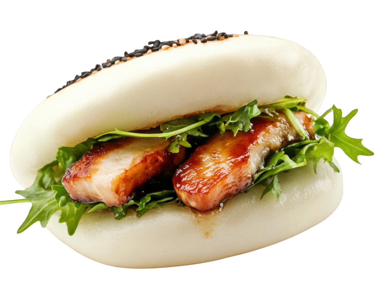 A pork bun with lettuce and sesame seeds png