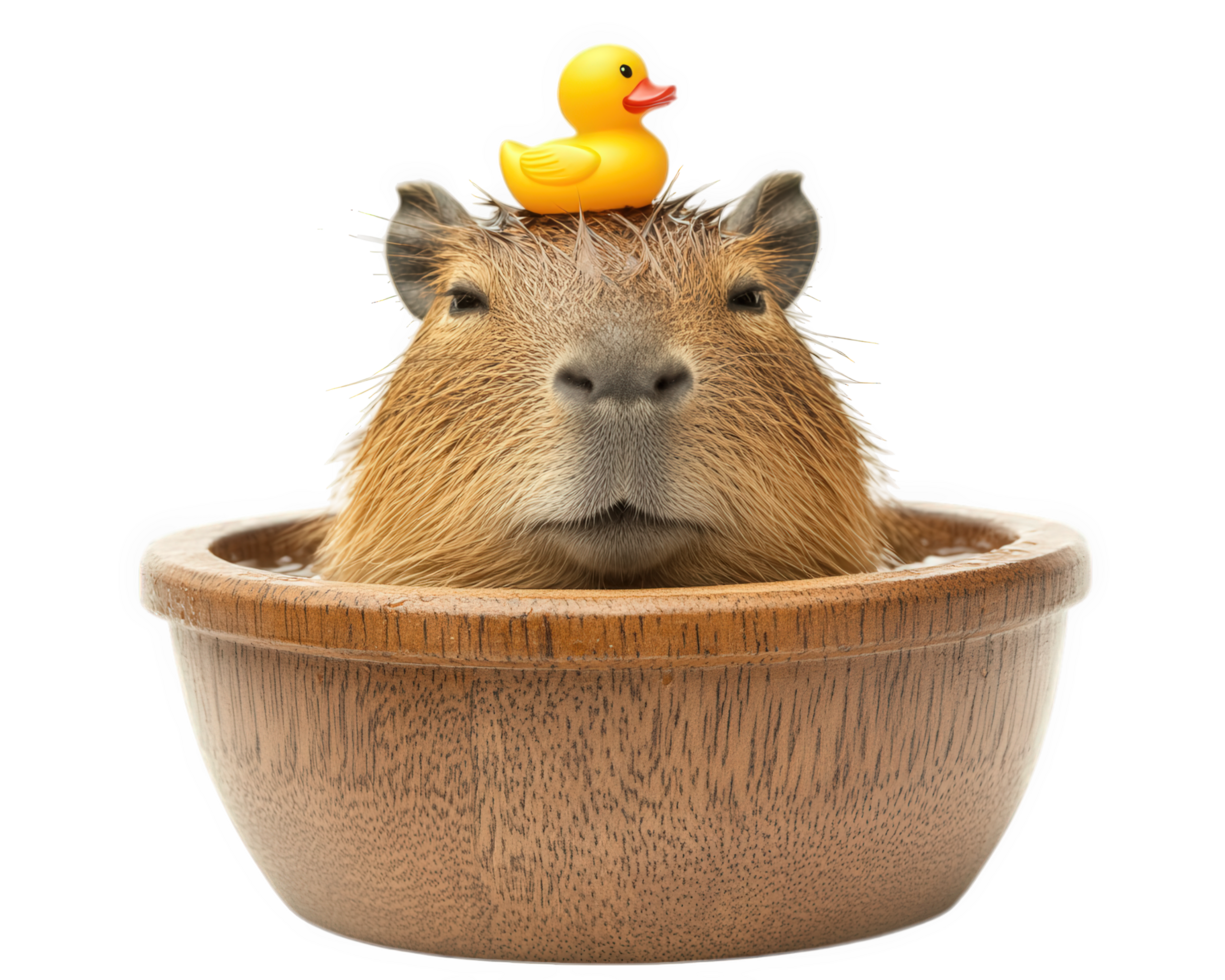 A capybara in a wooden bowl with a rubber duck on top png