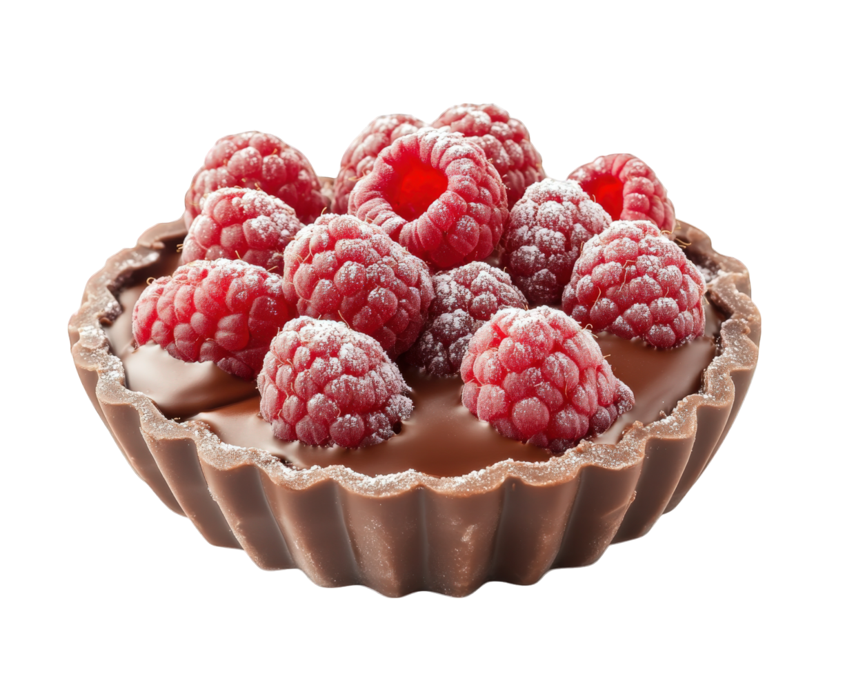 Chocolate raspberry tart isolated on black background png