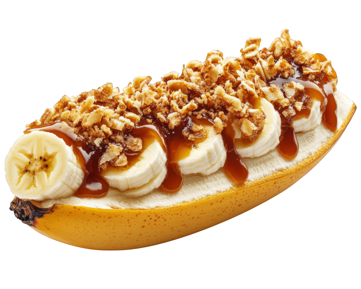 A banana split with caramel and nuts png