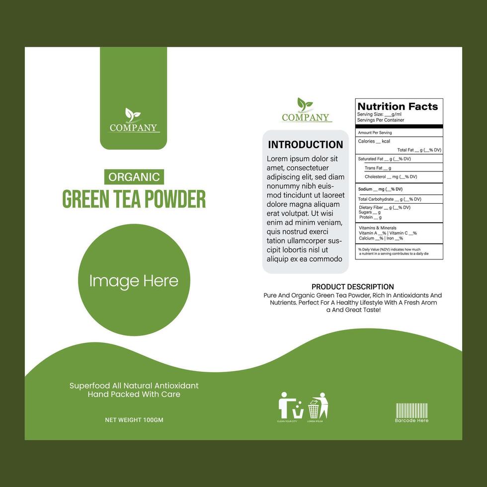 Organic Green Tea Pouch Packaging Design Template vector