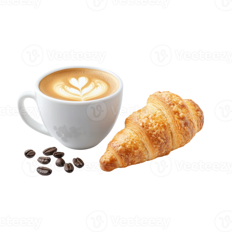 Coffee and croissant on a transparent background. Latte art coffee with beans and a croissant. png