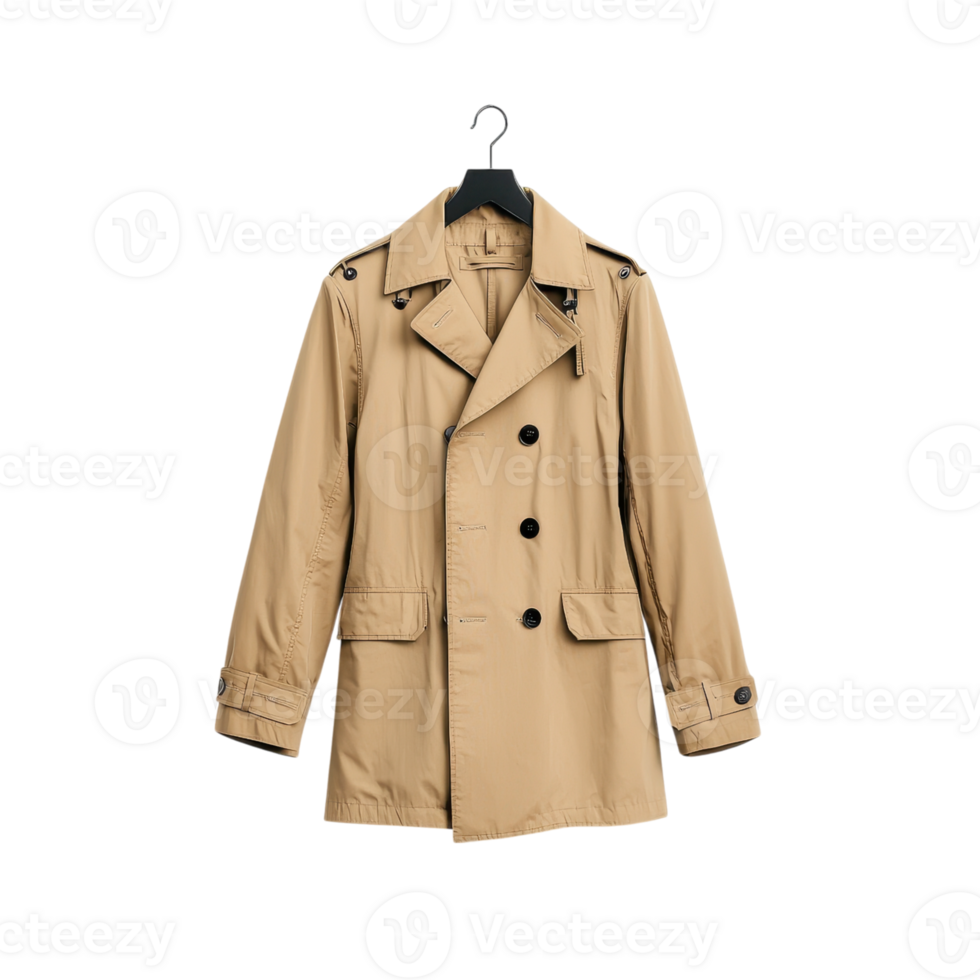 Classic tan trench coat on a hanger against a transparent background. Stylish outerwear for men and women. png