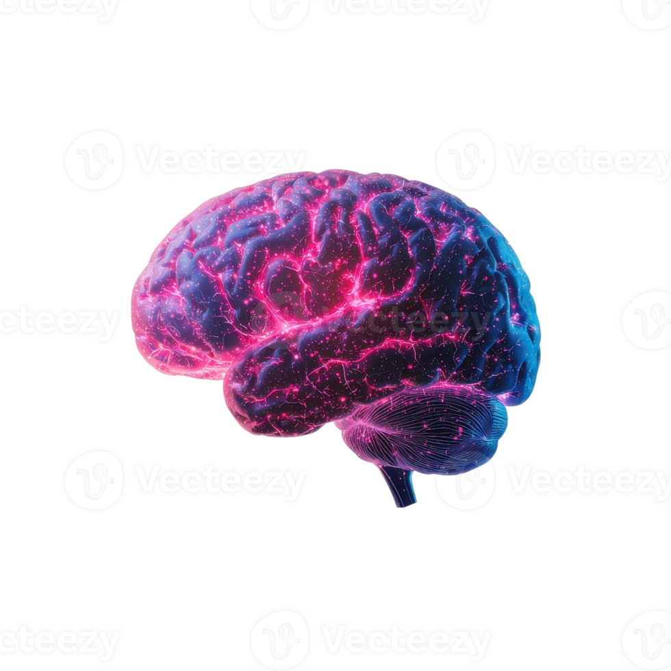 Human brain with glowing neural network on a transparent background. Concept for neuroscience, artificial intelligence, and mental health. png