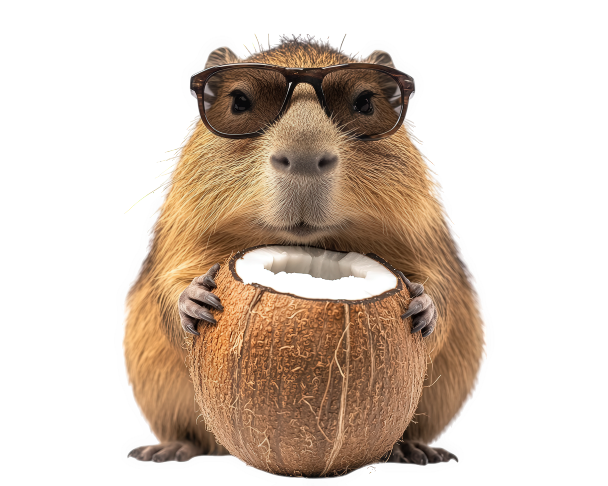 Capybara with sunglasses holding coconut png