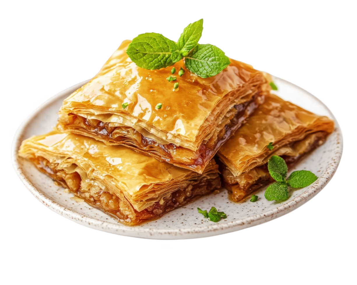 A plate with three baklava pieces on it png