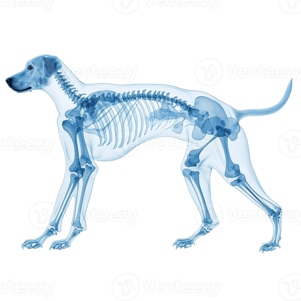 Dog skeleton x ray illustration on transparent background. Concept of veterinary medicine, anatomy, and animal health. png