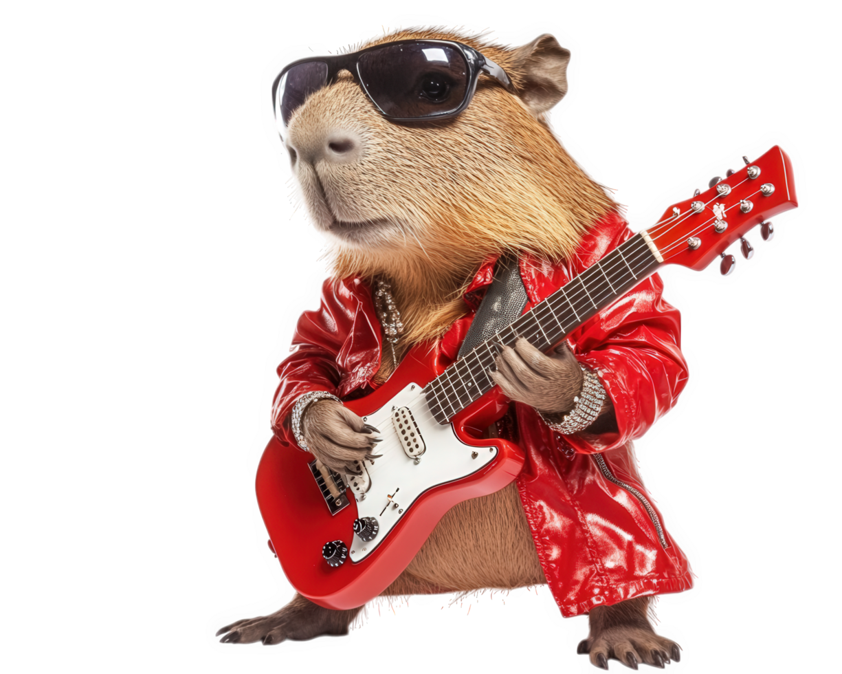 A capybara wearing sunglasses and a red jacket plays an electric guitar png