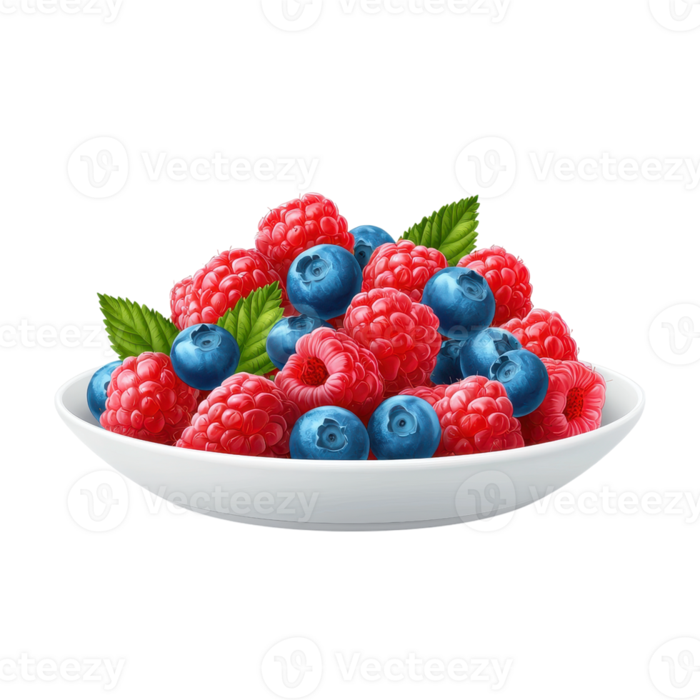 Bowl of fresh raspberries and blueberries on a transparent background. Healthy eating and summer harvest concept. png