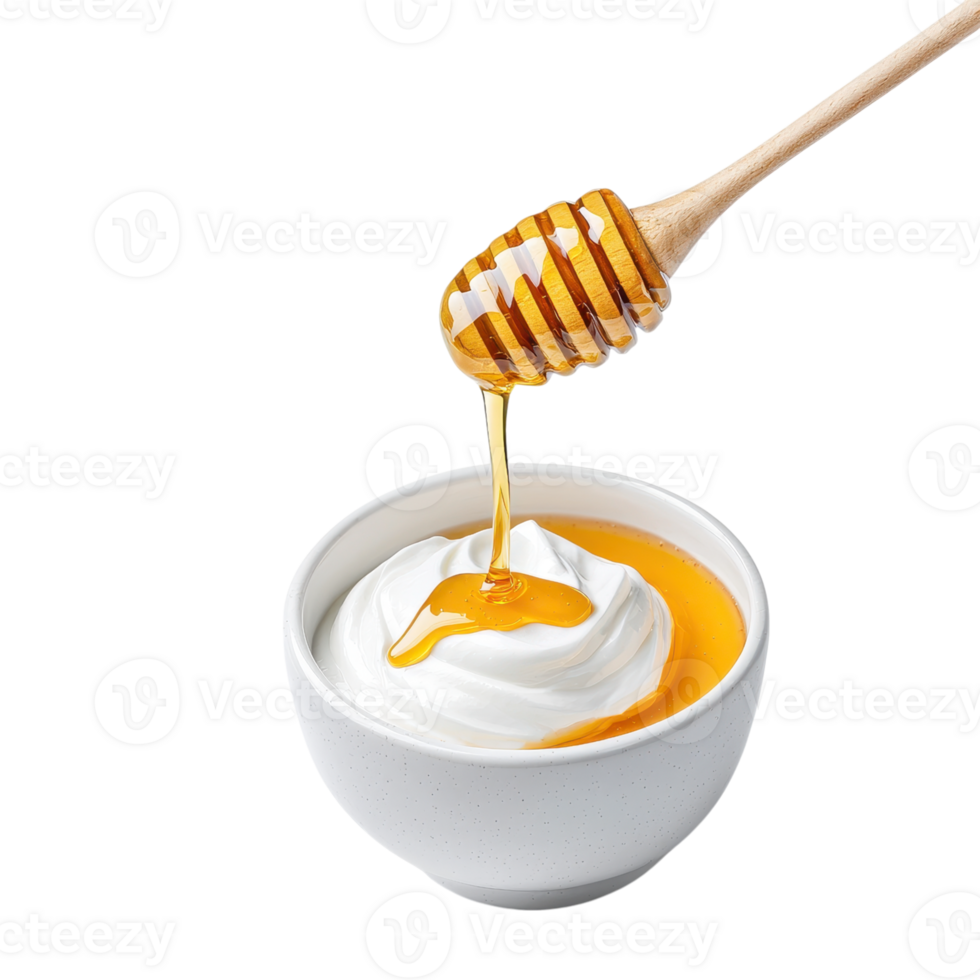 Honey dripping from a dipper into a bowl of yogurt on a transparent background. Healthy breakfast concept. png