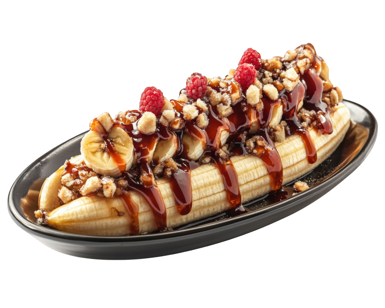 A banana split with syrup and raspberries png