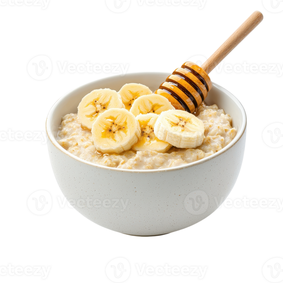 Bowl of oatmeal with banana slices and honey on a transparent background. Healthy breakfast concept. png