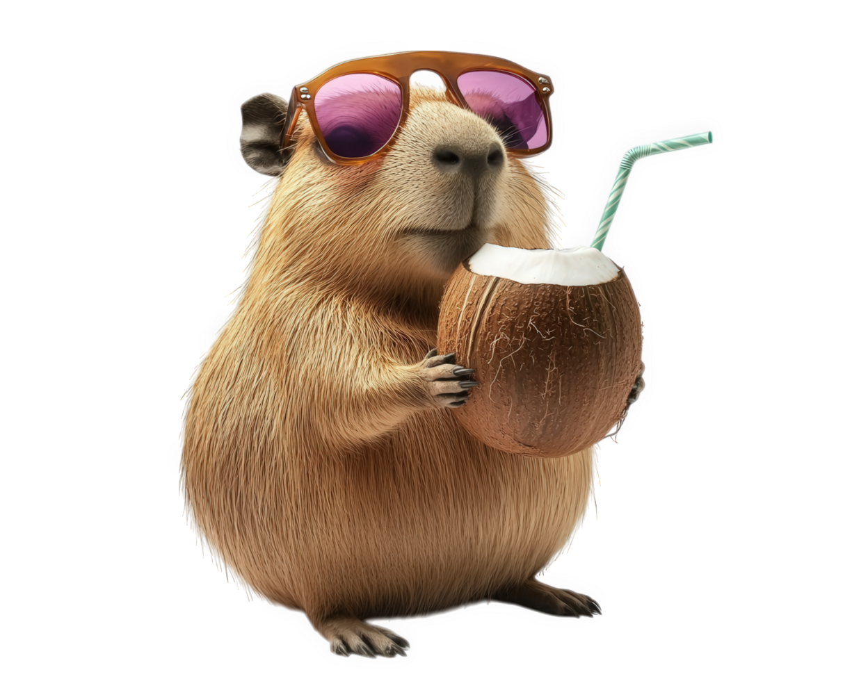 Capybara with sunglasses drinking coconut drink on black background png