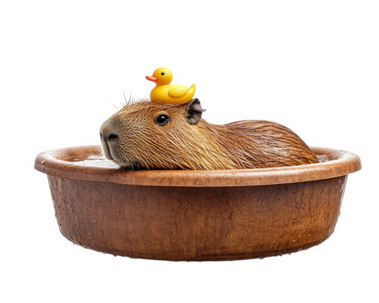 A capybara is sitting in a wooden bowl png