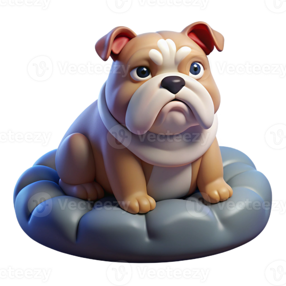 extraordinary traditional A grumpy bulldog sitting on a plush dog bed, illuminated by the soft, diffused light of a cloudy day, in a comical, realistic style professional png