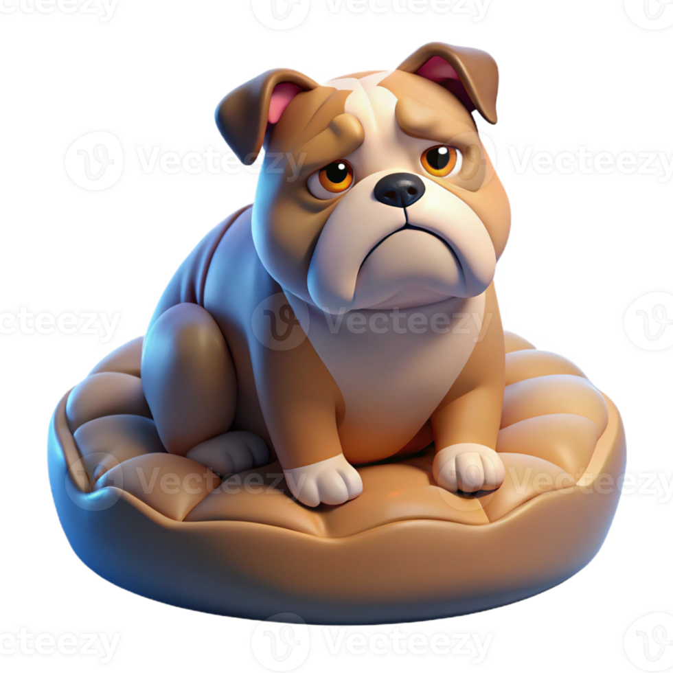 impressive classic A grumpy bulldog sitting on a plush dog bed, illuminated by the soft, diffused light of a cloudy day, in a comical, realistic style professional png