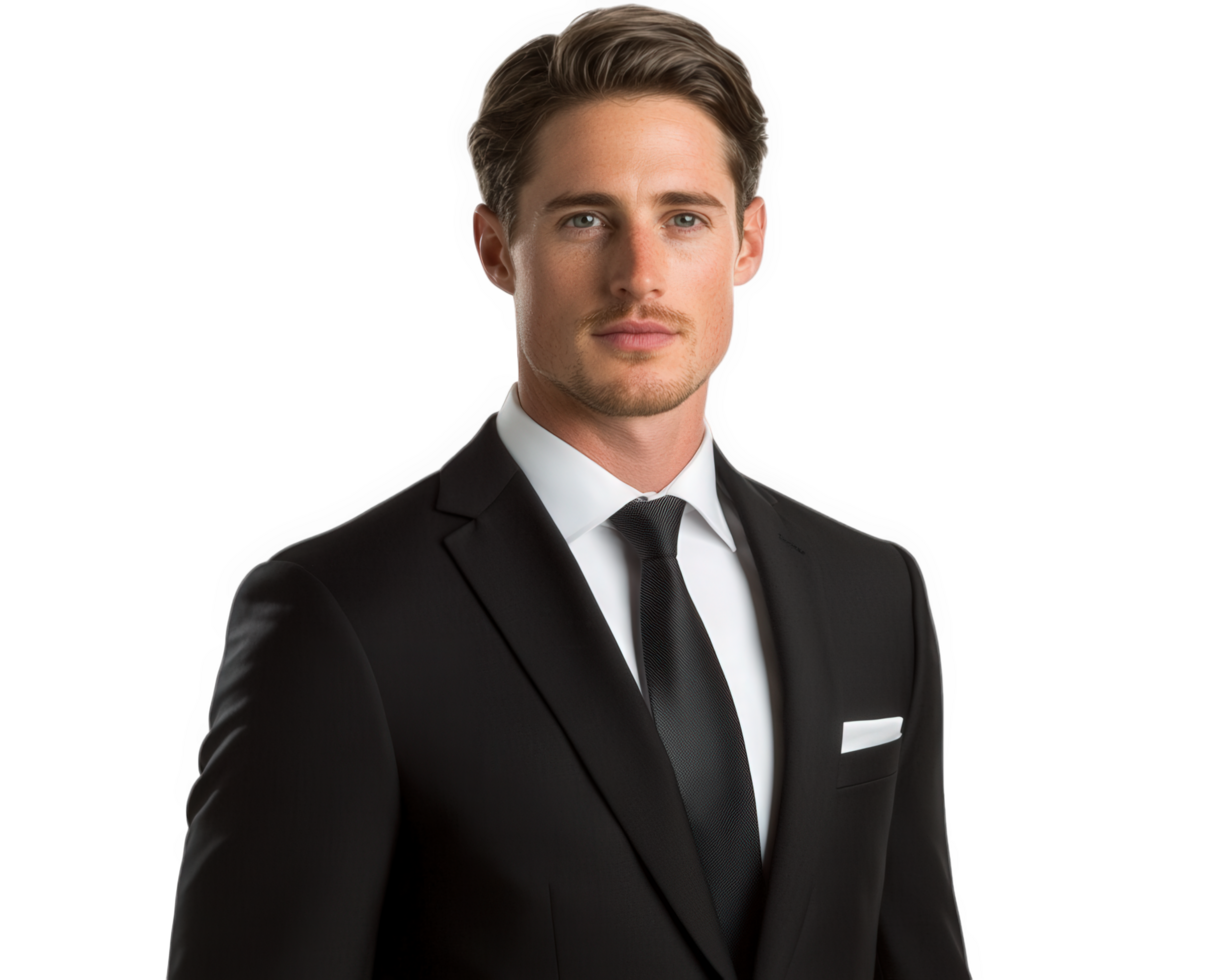 A man in a black suit and tie png
