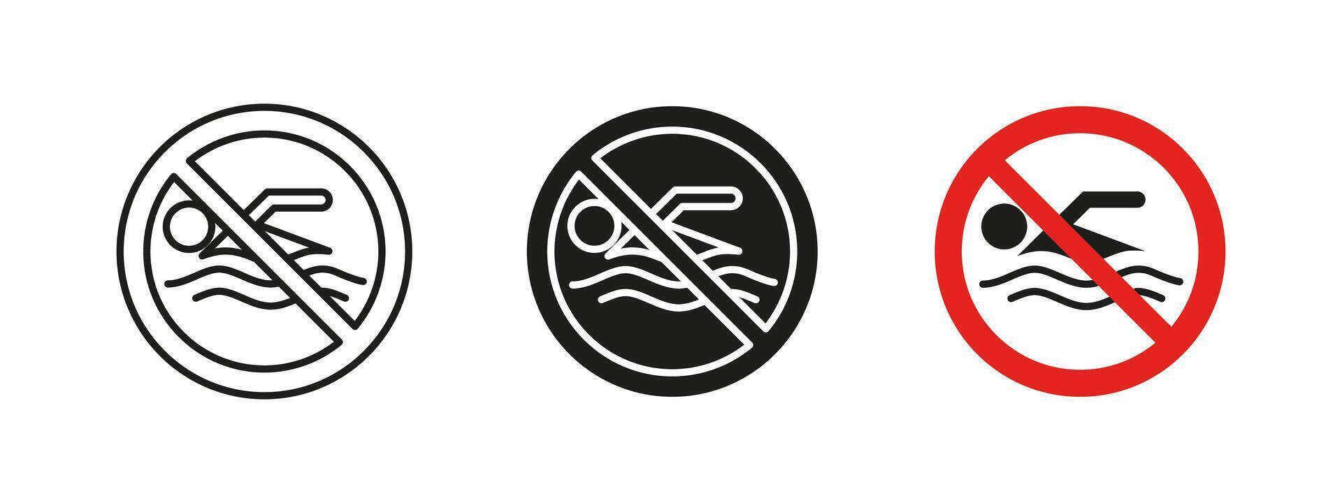 No swimming icon. Water activity prohibition illustration. Safety warning sign for restricted swimming areas. Drowning hazard prevention and security regulation pictogram. vector