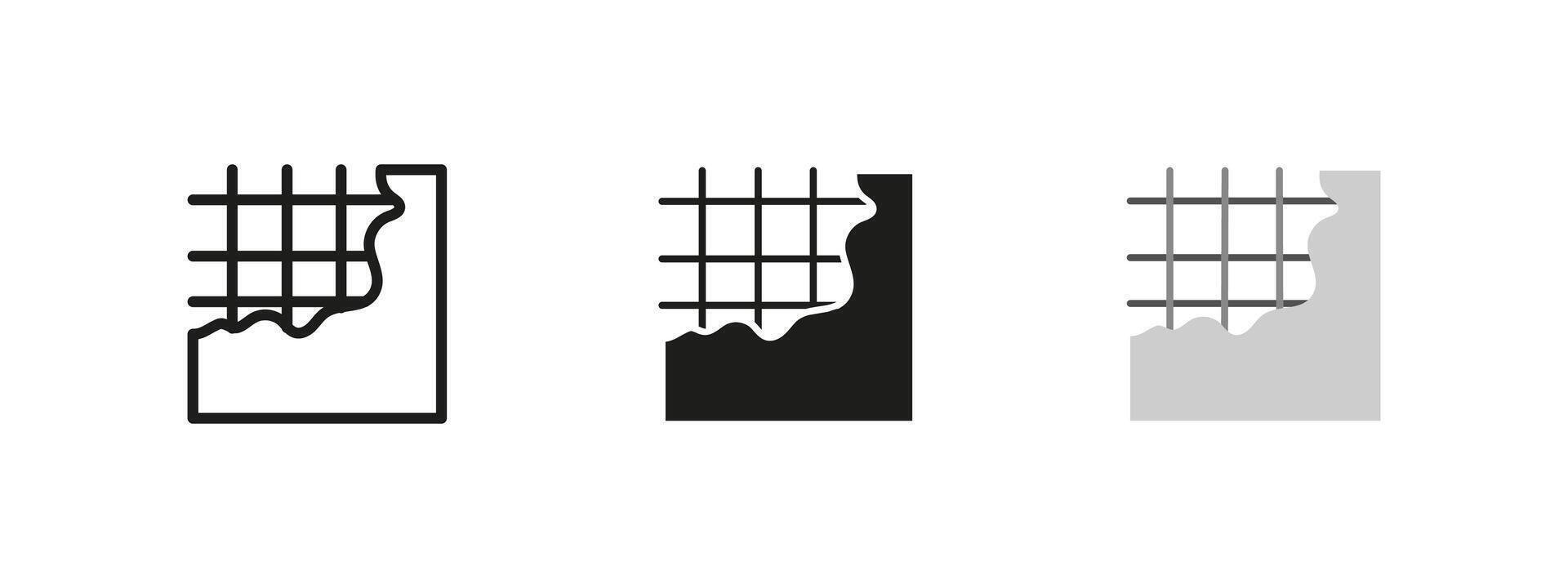 Concrete damage icon. Structural wall with exposed rebar illustration. Cracked surface symbol for construction and material deterioration. Infrastructure wear and industrial framework pictogram vector
