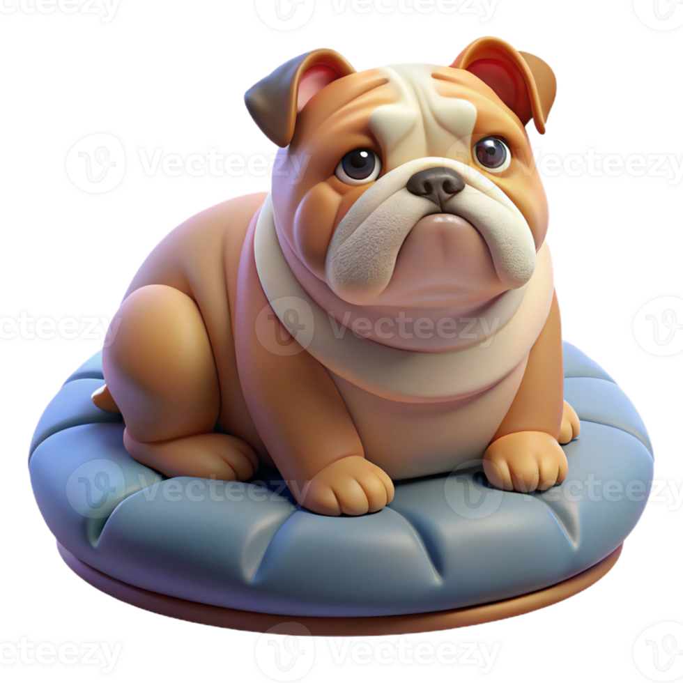 stunning artistic A grumpy bulldog sitting on a plush dog bed, illuminated by the soft, diffused light of a cloudy day, in a comical, realistic style authentic png