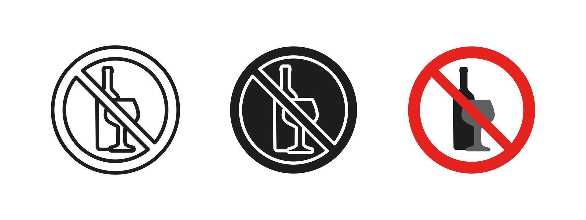 No alcohol icon. Drinking restriction illustration. Wine bottle and glass prohibition sign. Regulation and safety pictogram for bars and public areas. vector