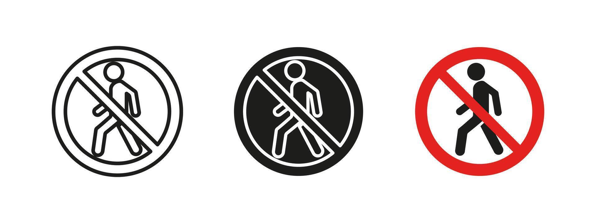 No pedestrian icon. Walking restriction illustration. Prohibited crossing and road safety sign. Warning and no entry pictogram. Traffic regulation and caution symbol. vector