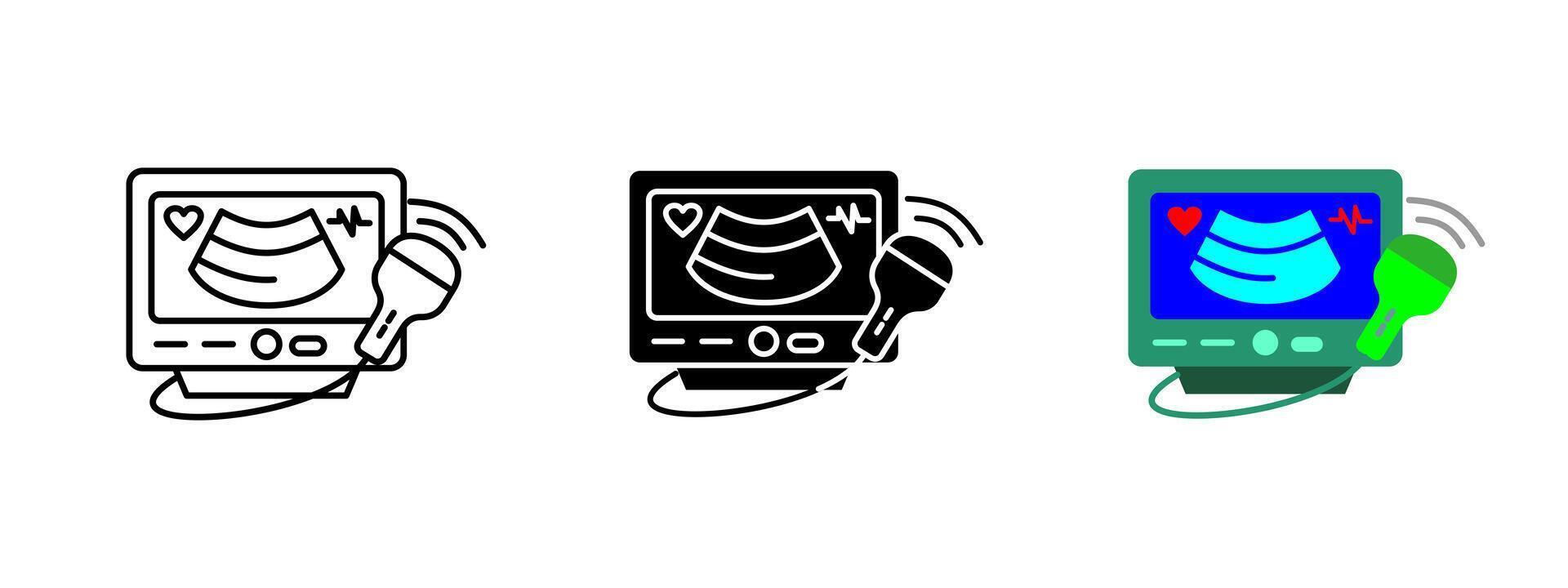 Ultrasound scanner icon. Medical imaging illustration. Healthcare diagnostic tool for hospital checkups and pregnancy monitoring. Sonography examination pictogram. Medical technology concept. vector
