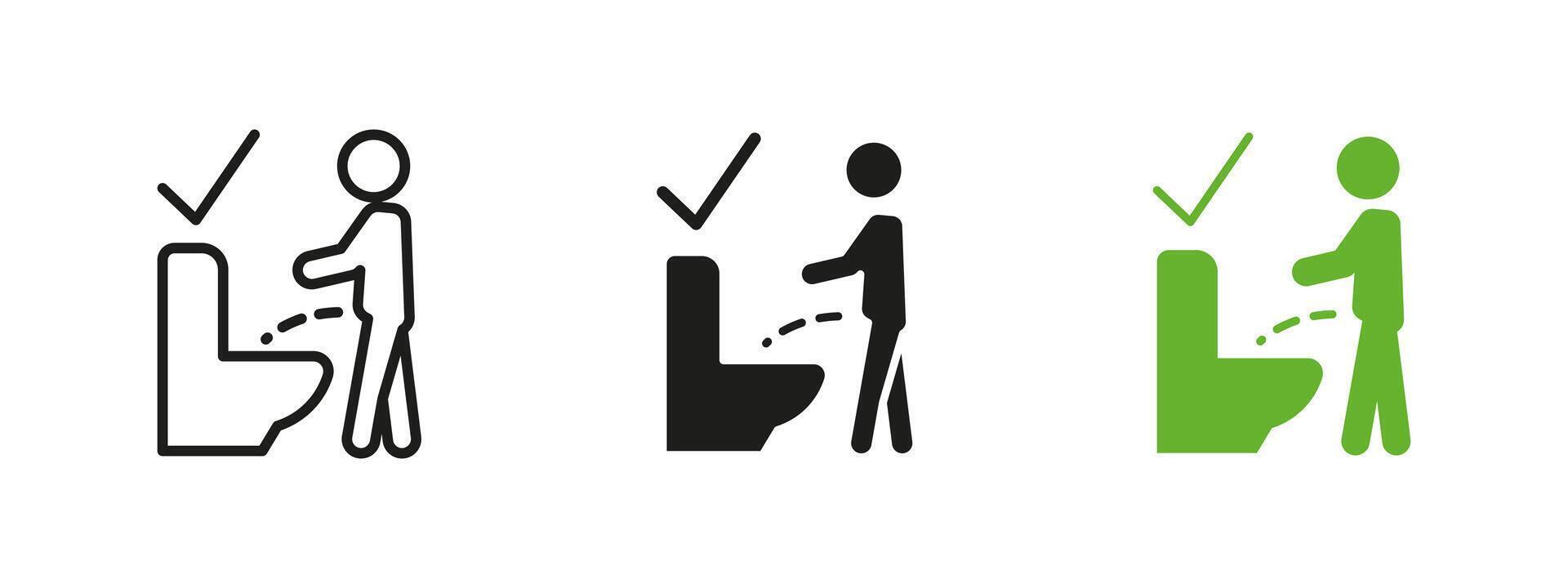 Proper toilet usage icon. Restroom hygiene instruction illustration. Correct urination etiquette sign for public and private facilities. Cleanliness pictogram for proper restroom behavior. vector