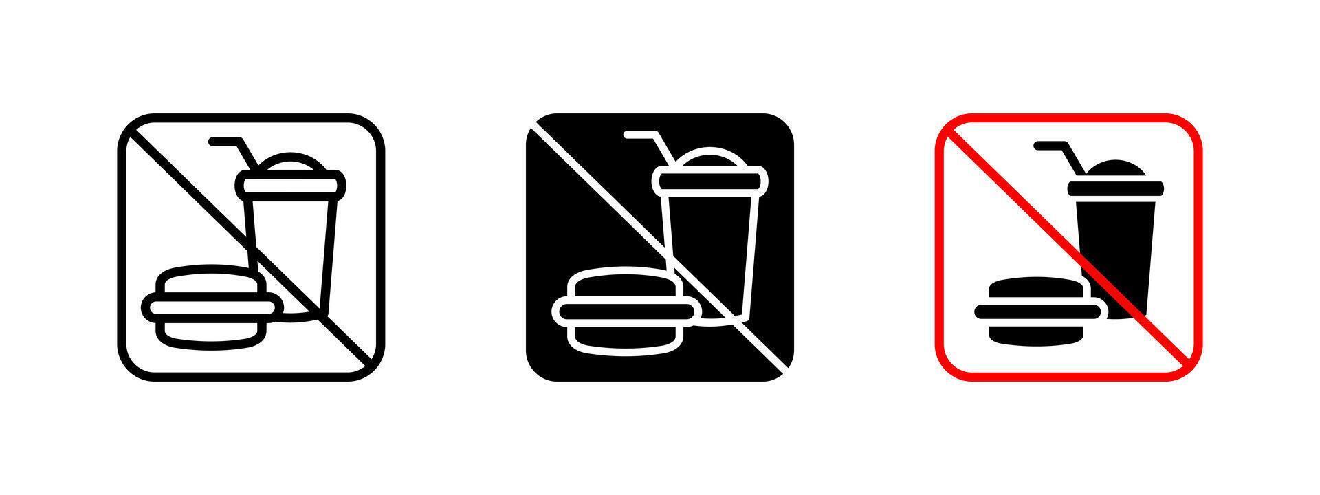 No food icon. Prohibited sign with burger and drink illustration. Eating and drinking restriction symbol for designated areas like public transport, offices or clean zones. vector