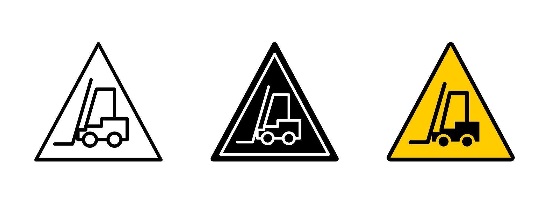 Forklift warning icon. Industrial loader caution illustration. Warehouse machinery for lifting and transporting cargo sign. Logistics, storage and distribution operations warning pictogram. vector