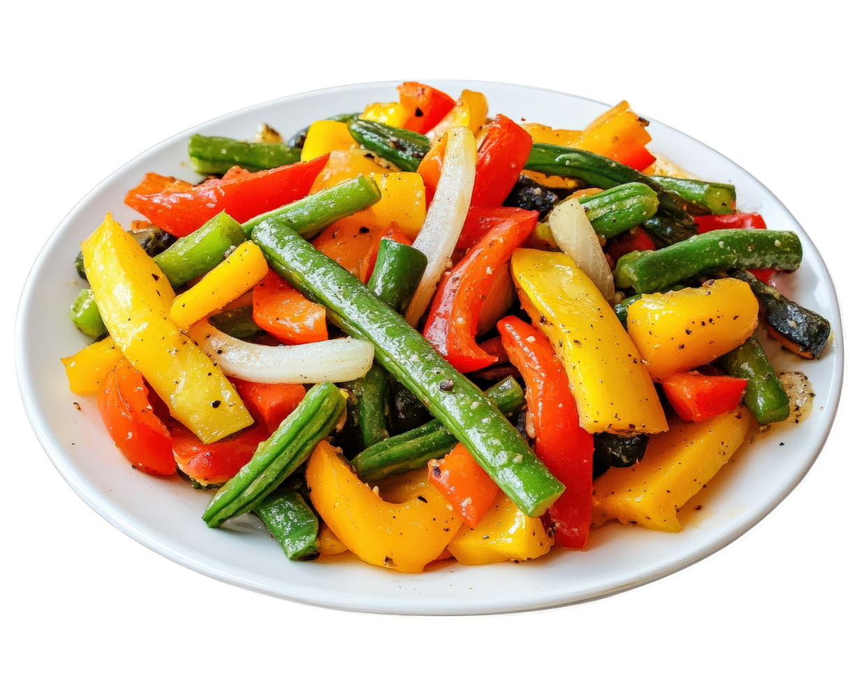 A plate of vegetables with peppers, onions and green beans png